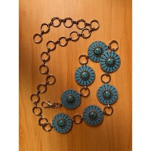 Turquoise Silver Sunflower Concho Chain Belt Boho Western Adjustable 44 Inch